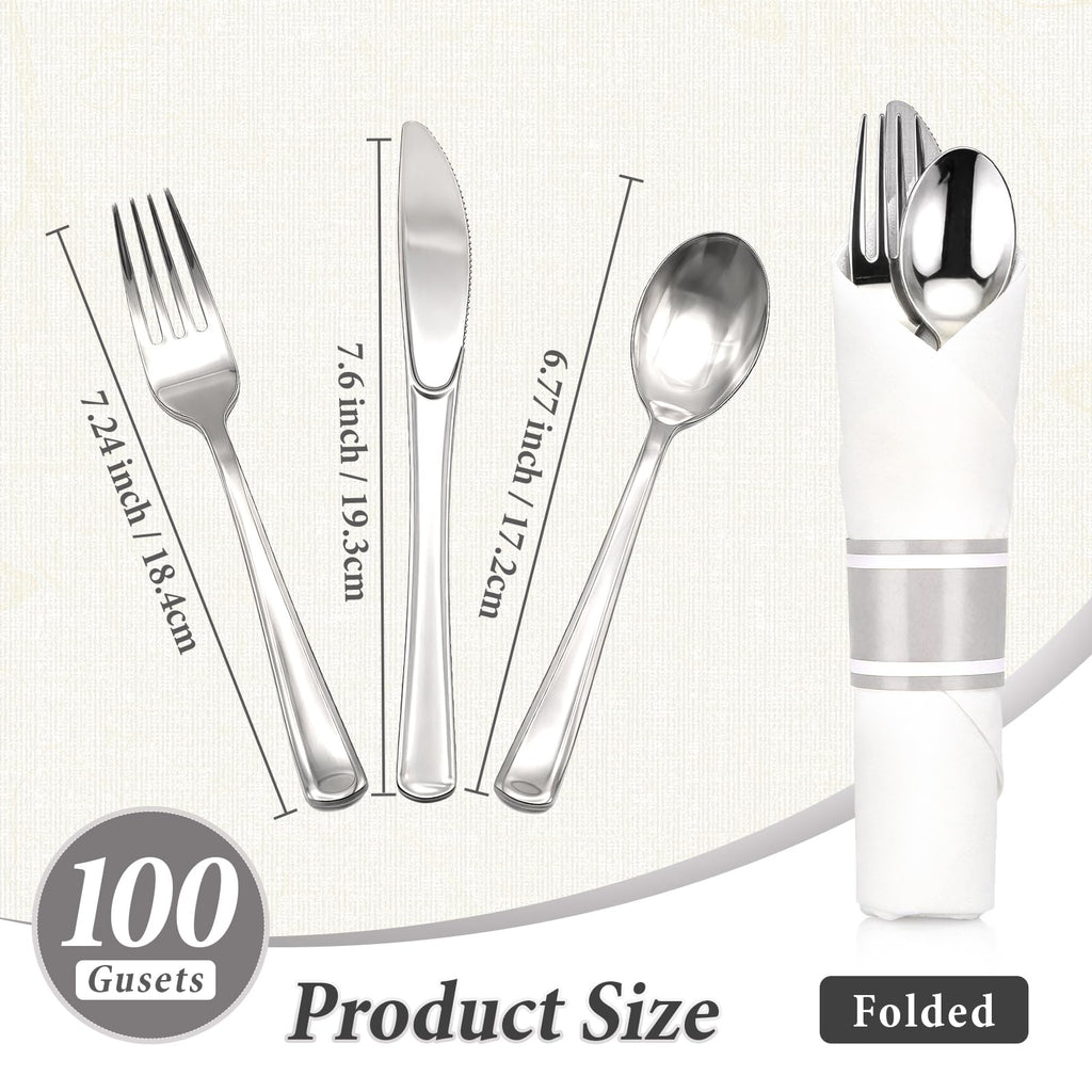 Gold Plastic Silverware 50 Guests Wrapped Cutlery Set Disposable | Pre Rolled Silverware Set Include 50 Forks,50 Knives,50 Spoons and 50 Napkins Heavy Duty Disposable Utensils for Party