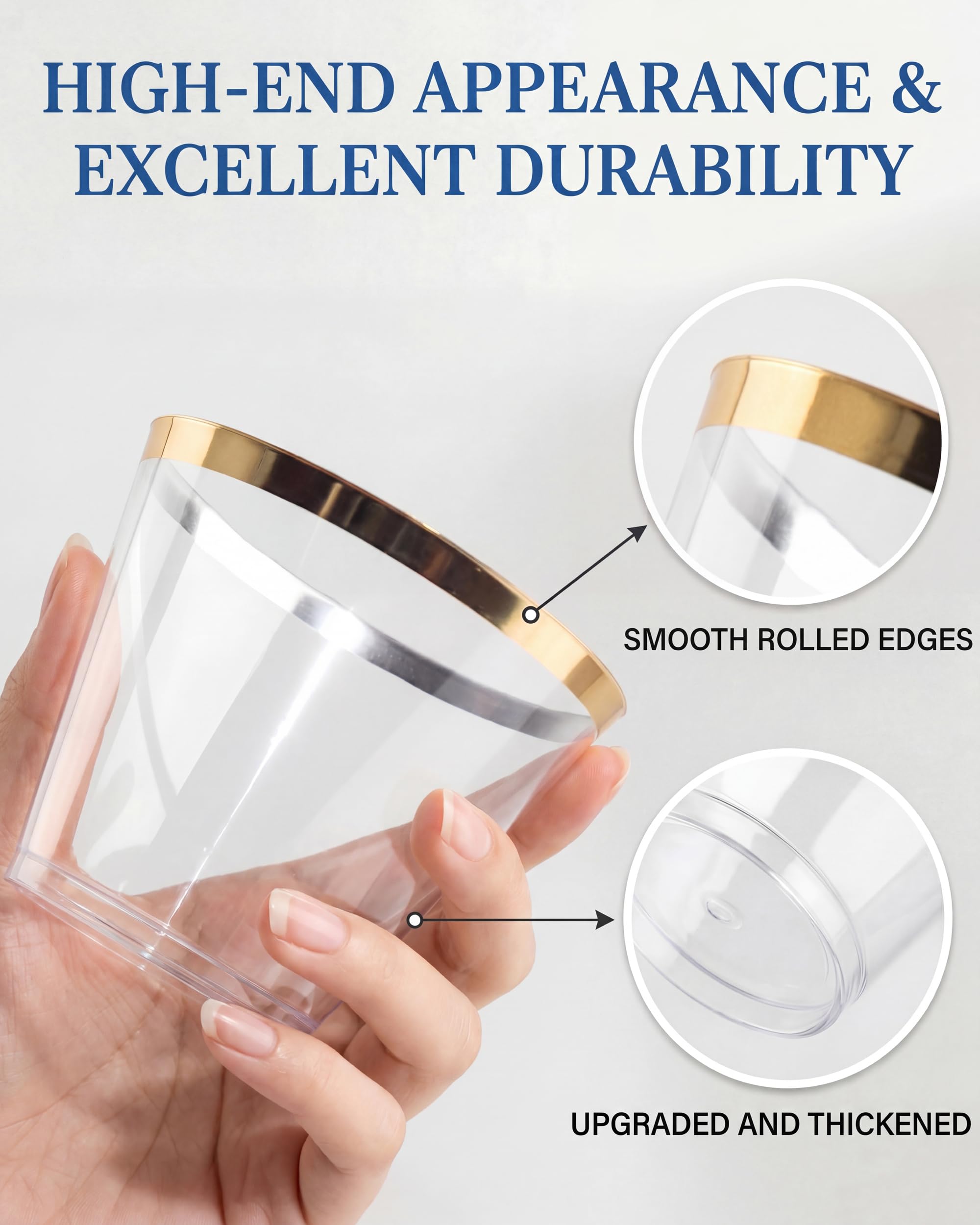 Nervure 120PC 9Oz Gold Rimmed Plastic Cups - Heavy Duty plastic