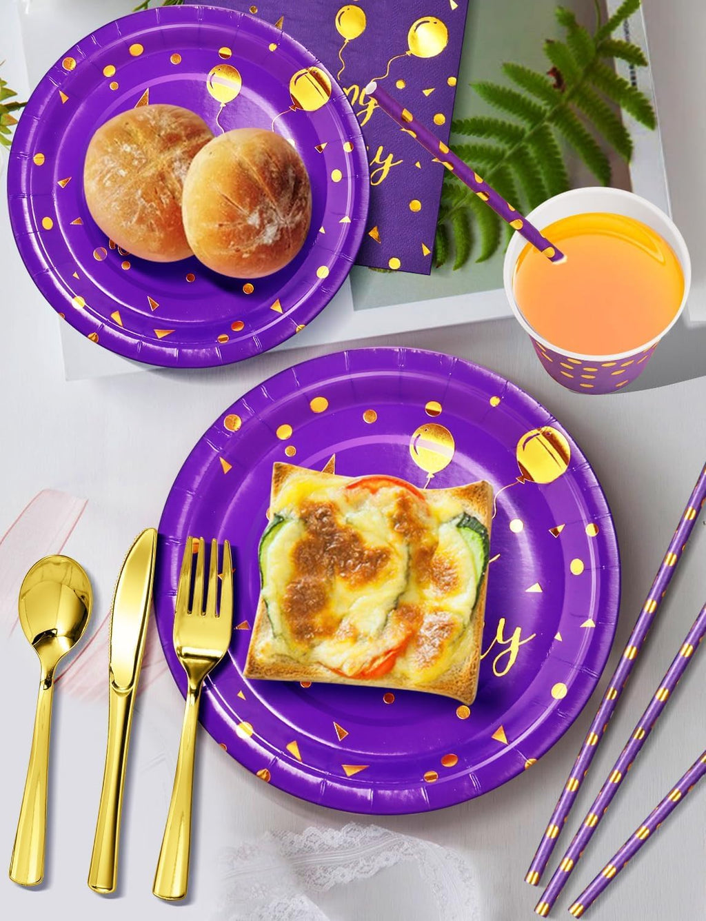 Nkaiso 161 Pcs Purple Gold Birthday Plates and Napkins Set -20 Serves | Party Supplies Set with Paper Plates Cups Napkins & Silverware, for Birthday Party Decorations