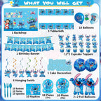 Blue Cartoon Theme Birthday Party Supplies Decorations, Including Birthday Banner, Tablecloth, Backdrop, Hanging Swirls, Balloons, Cake Toppers, Plates, Forks, Spoons for kawaii Party