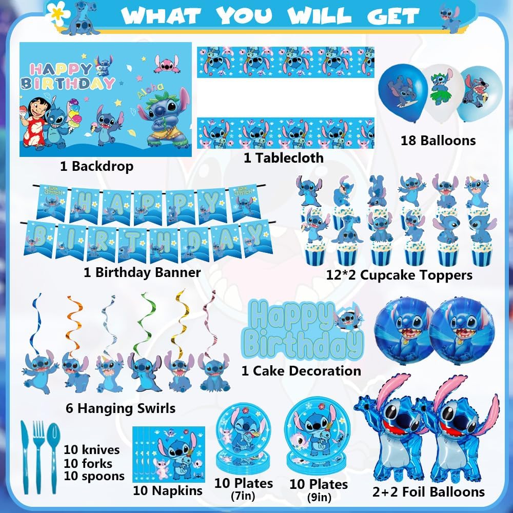 Blue Cartoon Theme Birthday Party Supplies Decorations, Including Birthday Banner, Tablecloth, Backdrop, Hanging Swirls, Balloons, Cake Toppers, Plates, Forks, Spoons for kawaii Party
