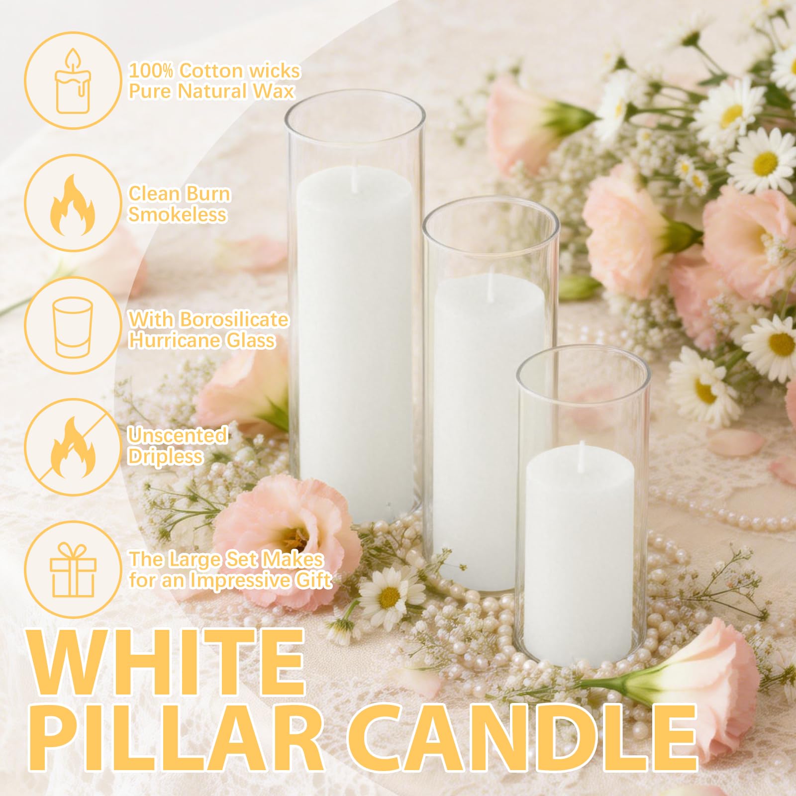 12-Pack Pillar Candles & 12-Pack Glass Cylinder Hurricane Candles Decor Set-Mixed Heights