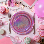 Purple Iridescent Paper Plates & Napkins Set, 75pcs Disposable Party Tableware with 9" Dinner Plates, 7" Dessert Plates & 6.5" Napkins, Holographic Dot Design for Birthday, Music Theme, Night Party