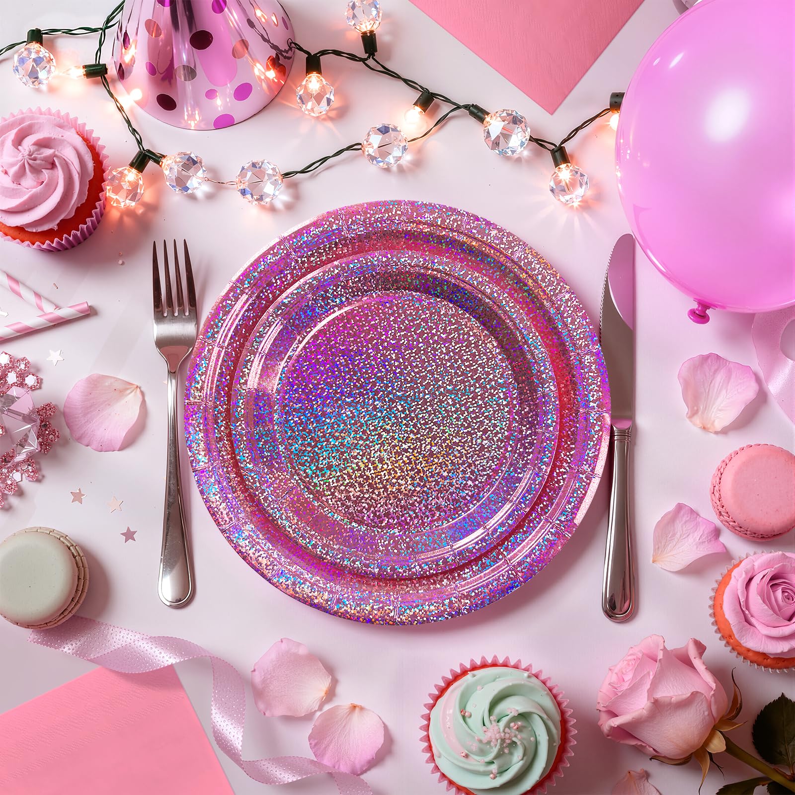 Purple Iridescent Paper Plates & Napkins Set, 75pcs Disposable Party Tableware with 9" Dinner Plates, 7" Dessert Plates & 6.5" Napkins, Holographic Dot Design for Birthday, Music Theme, Night Party
