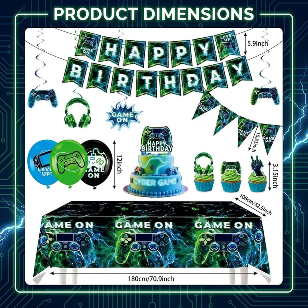 77Pcs Video Game Party Decor: Birthday Balloons, Banner, Tablecloth Kit | Gamer supplies for boys. Includes swirls, insert cards. Vibrant theme. Easy setup for kids celebrations.