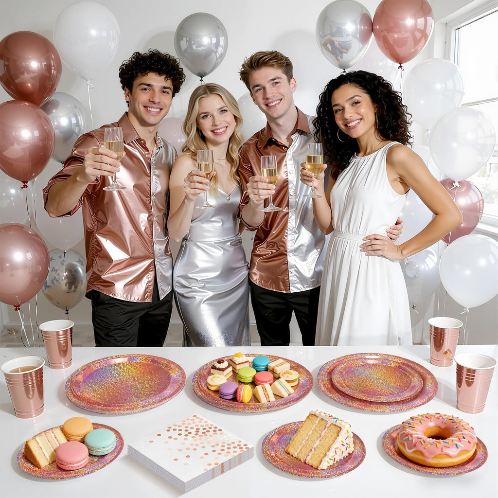 Purple Iridescent Paper Plates & Napkins Set, 75pcs Disposable Party Tableware with 9" Dinner Plates, 7" Dessert Plates & 6.5" Napkins, Holographic Dot Design for Birthday, Music Theme, Night Party