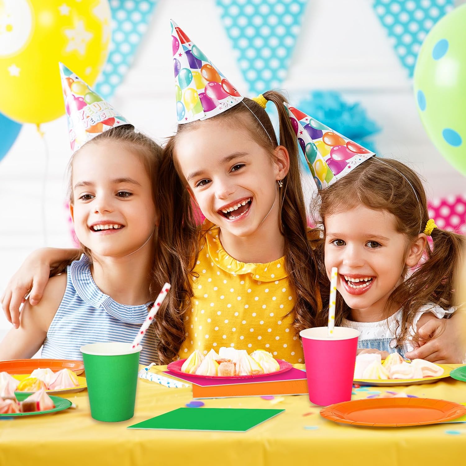 Whaline 244 Pcs Neon Party Supplies Set Include 7 & 9 Inch Rainbow Color Paper Plates Napkins 9oz Cups Disposable Dinnerware for Neon Glow Birthday Baby Shower Wedding Picnic Party, Serves 48 Guests