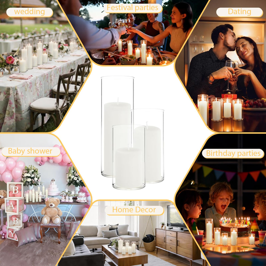 12-Pack Pillar Candles & 12-Pack Glass Cylinder Hurricane Candles Decor Set-Mixed Heights