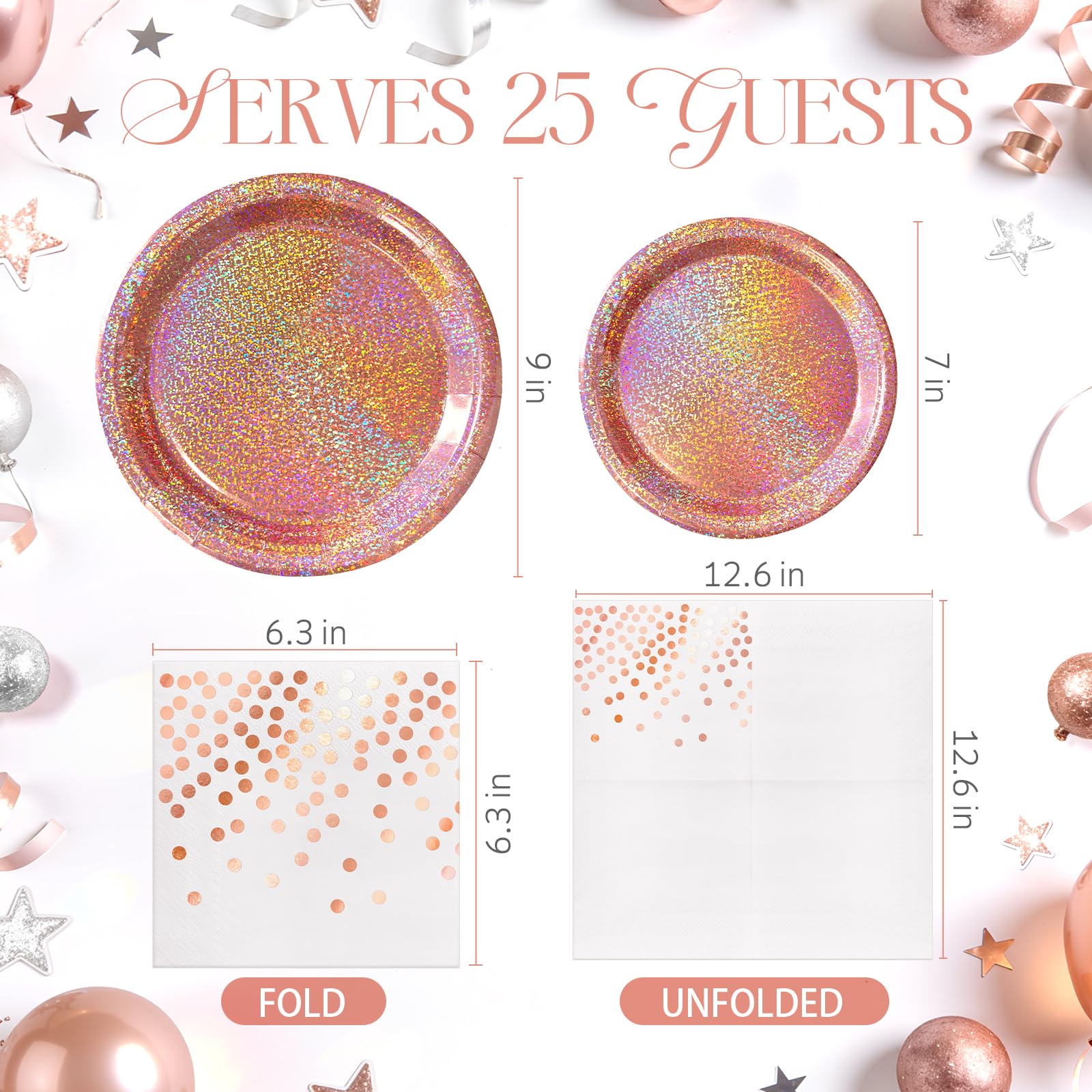 Purple Iridescent Paper Plates & Napkins Set, 75pcs Disposable Party Tableware with 9" Dinner Plates, 7" Dessert Plates & 6.5" Napkins, Holographic Dot Design for Birthday, Music Theme, Night Party