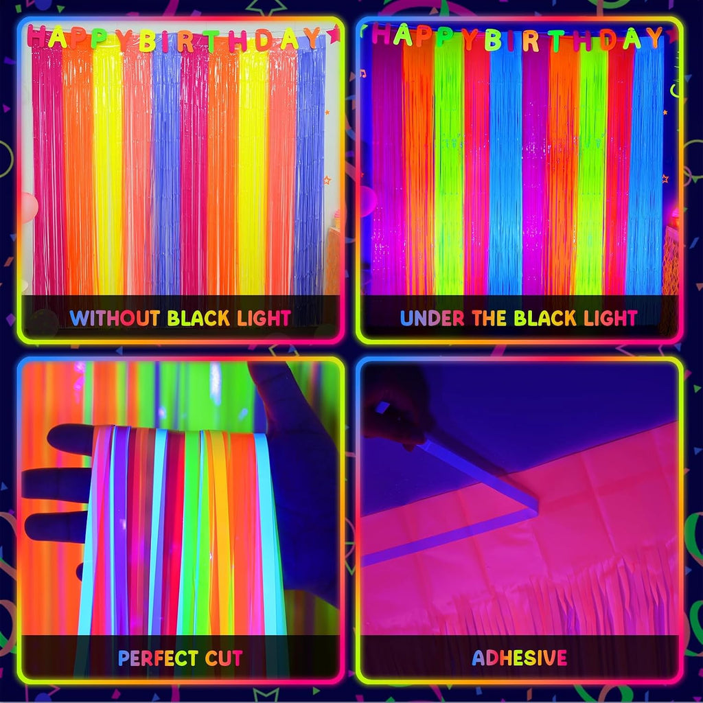 Mega-L Glow in The Dark Party Supplies, Neon Multicolor Backdrop, 2 Pack | Fluorescent Tinsel Foil Fringe Curtains, Neon Backdrop Streamers for Birthday, Halloween, New Year, Graduation Party
