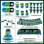 77Pcs Video Game Party Decor: Birthday Balloons, Banner, Tablecloth Kit | Gamer supplies for boys. Includes swirls, insert cards. Vibrant theme. Easy setup for kids celebrations.