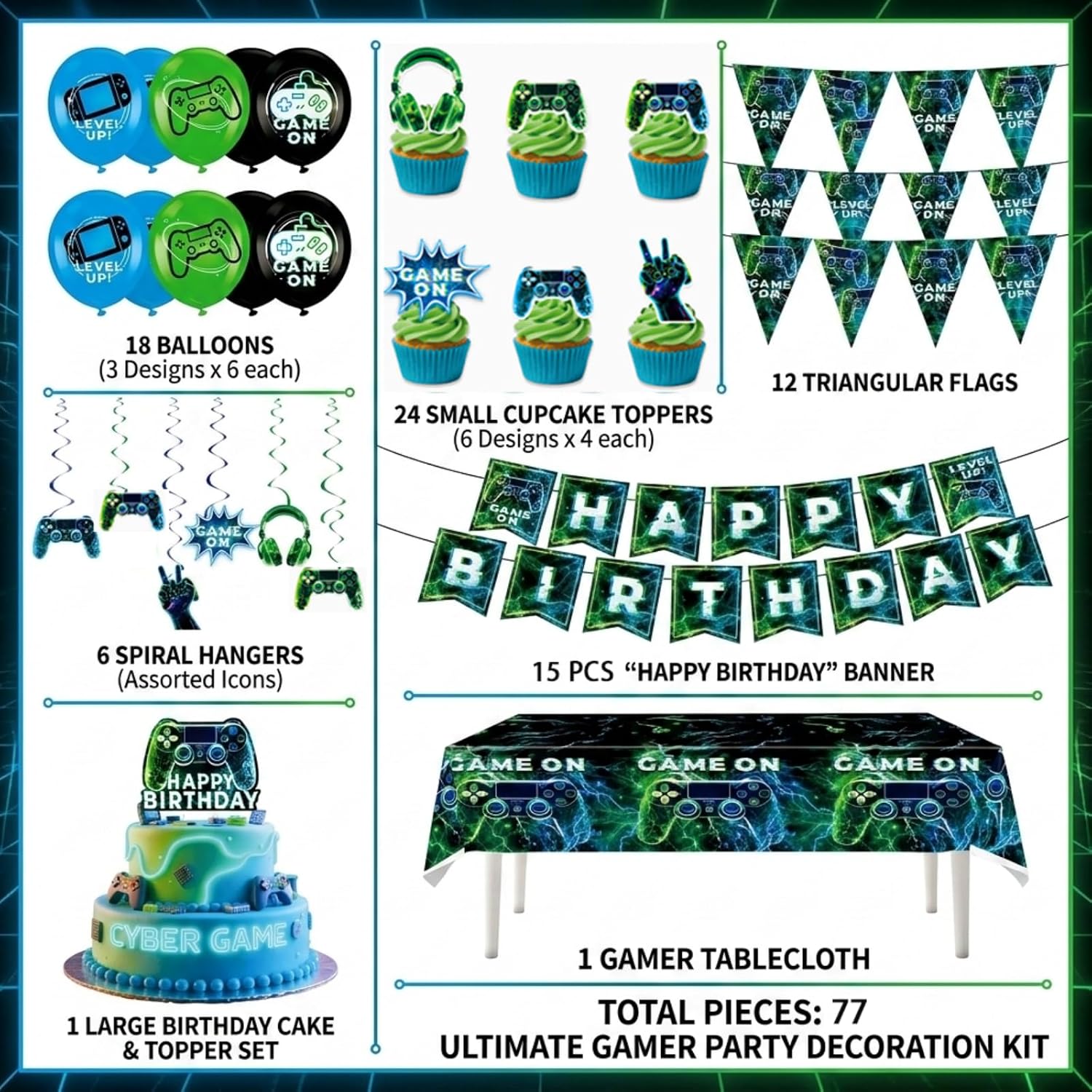 77Pcs Video Game Party Decor: Birthday Balloons, Banner, Tablecloth Kit | Gamer supplies for boys. Includes swirls, insert cards. Vibrant theme. Easy setup for kids celebrations.