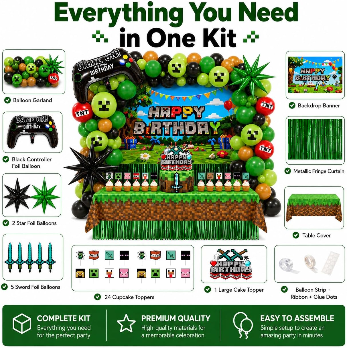 Pixel Game Birthday Party Decorations, “Game On” Pixel Theme Party Supplies Kit for Boys & Girls —131 Pcs Balloons, Backdrop, Curtain, Table Cover, Cake Toppers
