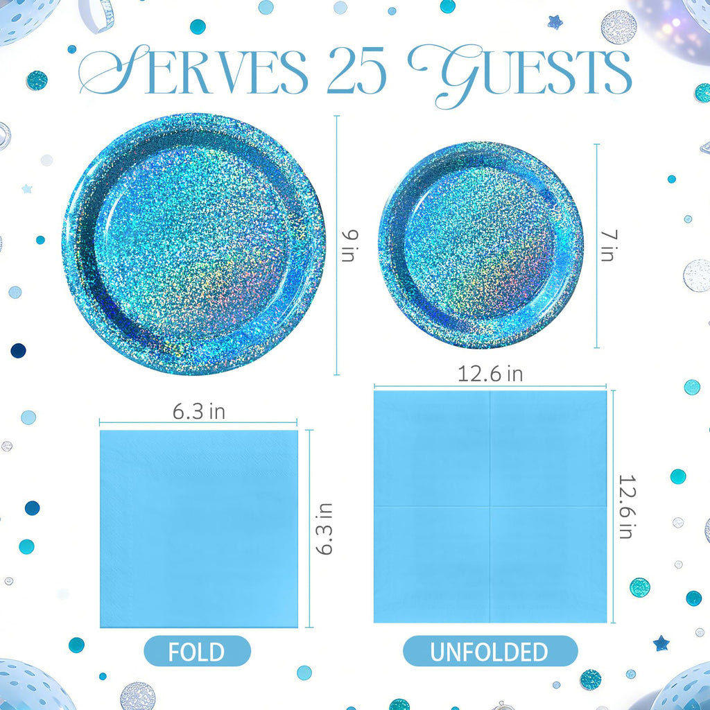Purple Iridescent Paper Plates & Napkins Set, 75pcs Disposable Party Tableware with 9" Dinner Plates, 7" Dessert Plates & 6.5" Napkins, Holographic Dot Design for Birthday, Music Theme, Night Party