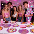 Purple Iridescent Paper Plates & Napkins Set, 75pcs Disposable Party Tableware with 9" Dinner Plates, 7" Dessert Plates & 6.5" Napkins, Holographic Dot Design for Birthday, Music Theme, Night Party