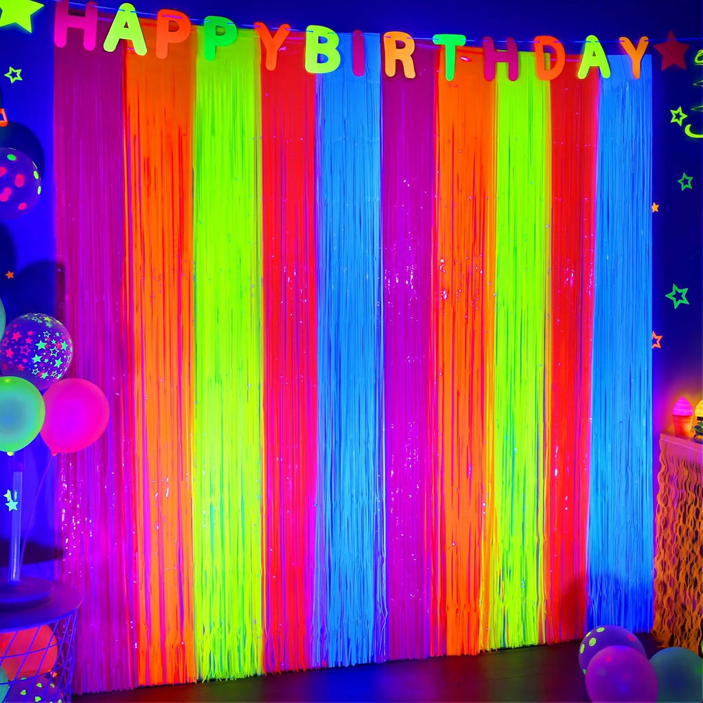 Mega-L Glow in The Dark Party Supplies, Neon Multicolor Backdrop, 2 Pack | Fluorescent Tinsel Foil Fringe Curtains, Neon Backdrop Streamers for Birthday, Halloween, New Year, Graduation Party