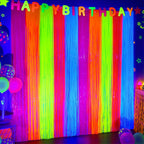 Mega-L Glow in The Dark Party Supplies, Neon Multicolor Backdrop, 2 Pack | Fluorescent Tinsel Foil Fringe Curtains, Neon Backdrop Streamers for Birthday, Halloween, New Year, Graduation Party