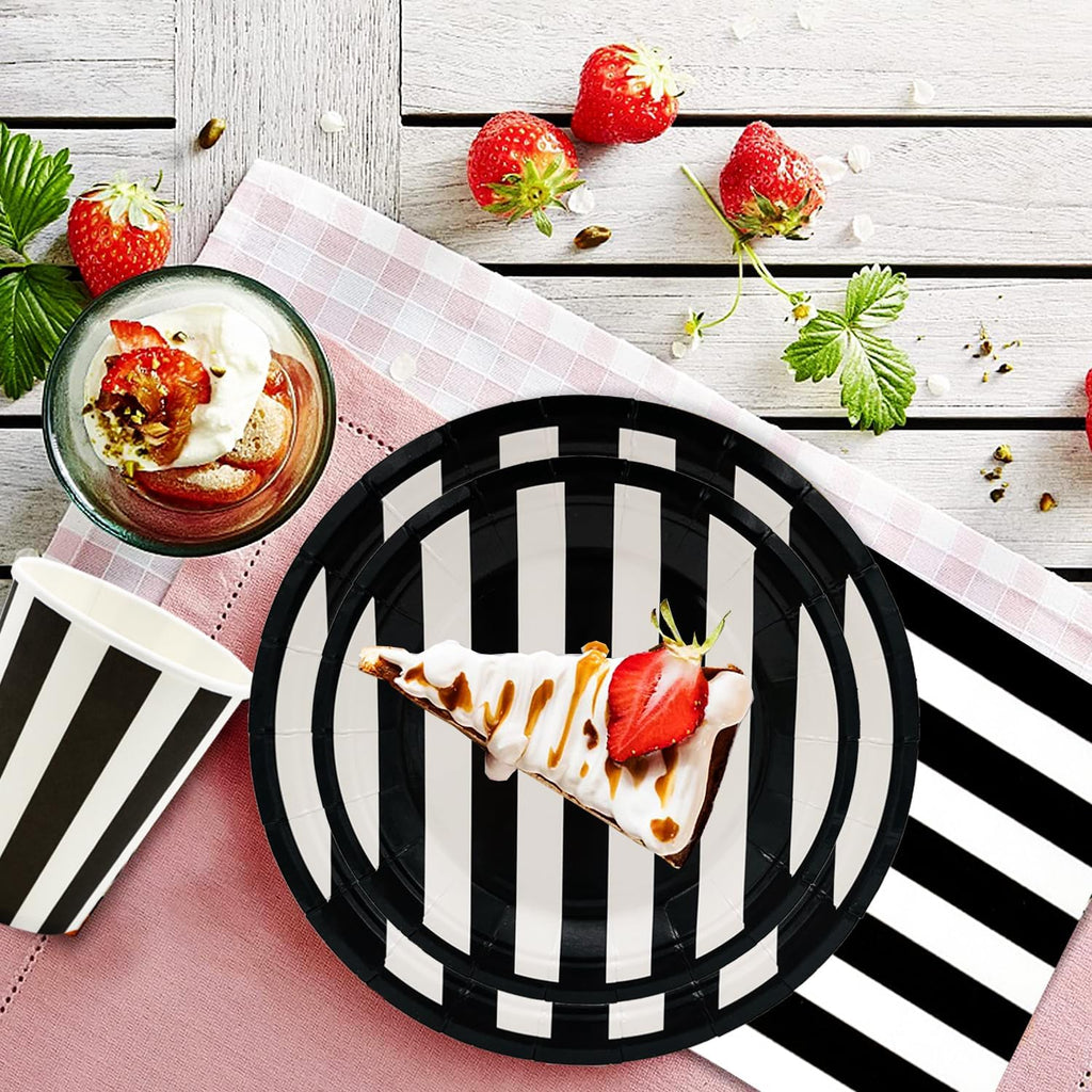 Serve25 175Pcs Black & White Striped Party Supplies - 9" & 7" Striped Paper Plates, Napkins, Cups, Cutlery for Black & White Birthday Party Decorations