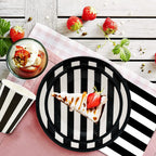 Serve25 175Pcs Black & White Striped Party Supplies - 9" & 7" Striped Paper Plates, Napkins, Cups, Cutlery for Black & White Birthday Party Decorations