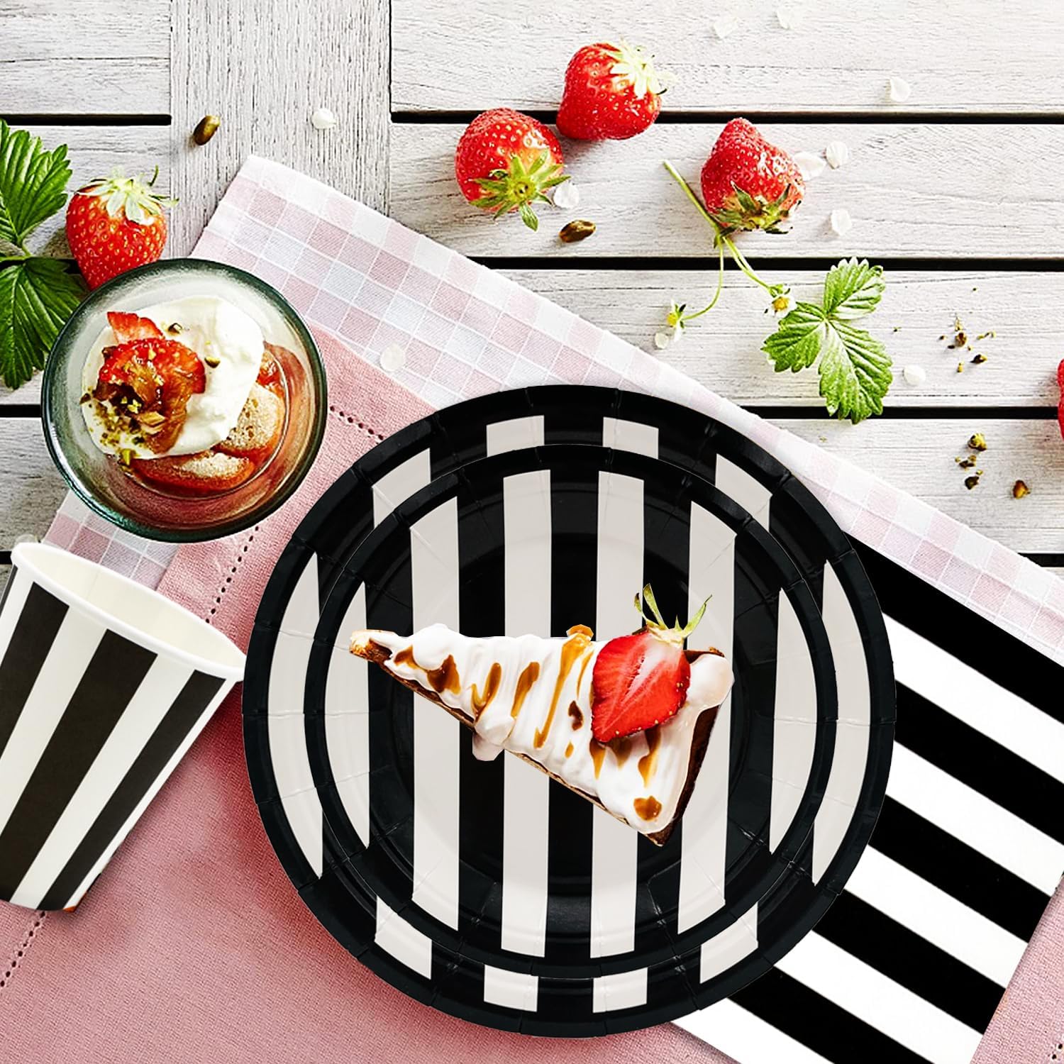 Serve25 175Pcs Black & White Striped Party Supplies - 9" & 7" Striped Paper Plates, Napkins, Cups, Cutlery for Black & White Birthday Party Decorations