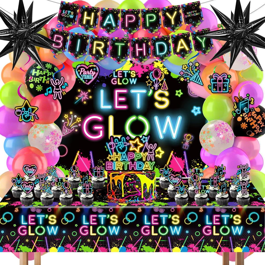 118Pcs Glow in the Dark Party Supplies, Neon Party Decorations with Neon Balloon Arch Kit, Backdrop, Tablecloth, Banner, Hanging Swirls, Cake Topper, Glow Party Supplies for 24 Guests