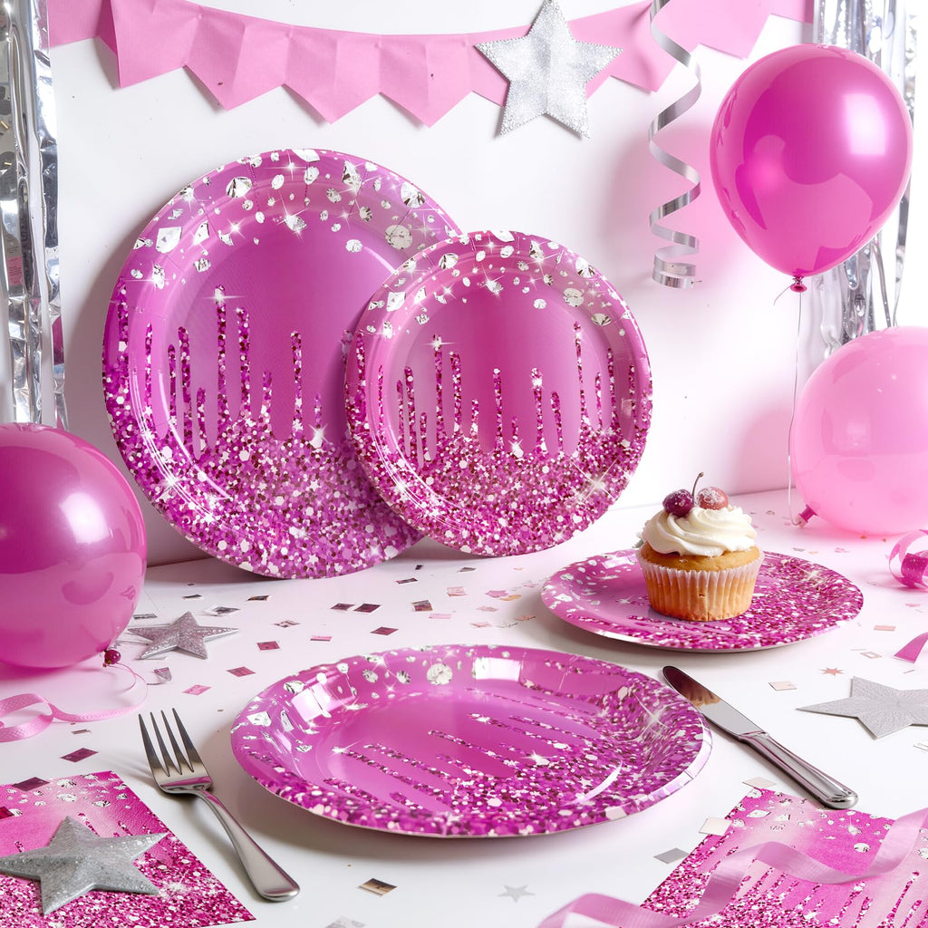 Purple Iridescent Paper Plates & Napkins Set, 75pcs Disposable Party Tableware with 9" Dinner Plates, 7" Dessert Plates & 6.5" Napkins, Holographic Dot Design for Birthday, Music Theme, Night Party