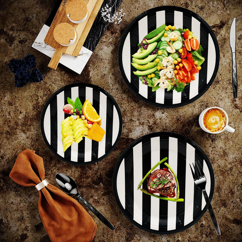 Serve25 175Pcs Black & White Striped Party Supplies - 9" & 7" Striped Paper Plates, Napkins, Cups, Cutlery for Black & White Birthday Party Decorations