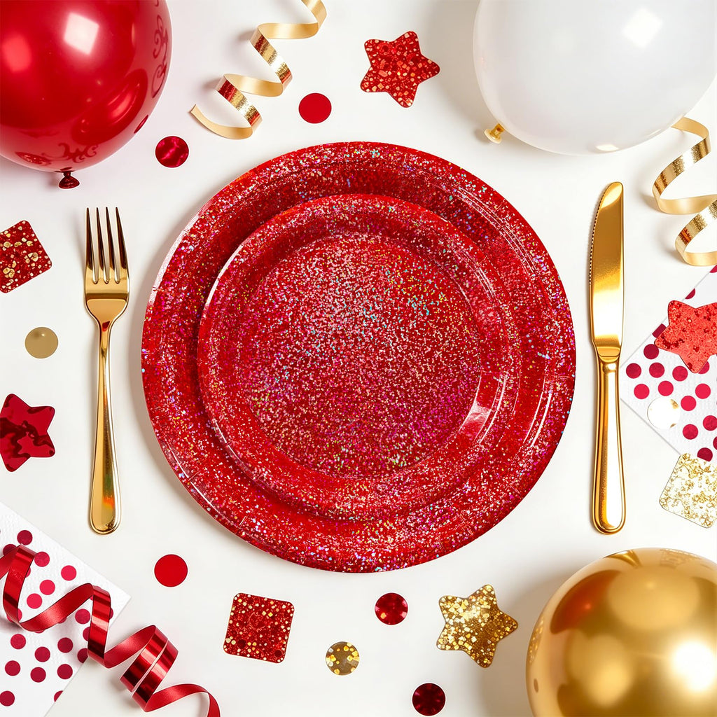 Purple Iridescent Paper Plates & Napkins Set, 75pcs Disposable Party Tableware with 9" Dinner Plates, 7" Dessert Plates & 6.5" Napkins, Holographic Dot Design for Birthday, Music Theme, Night Party