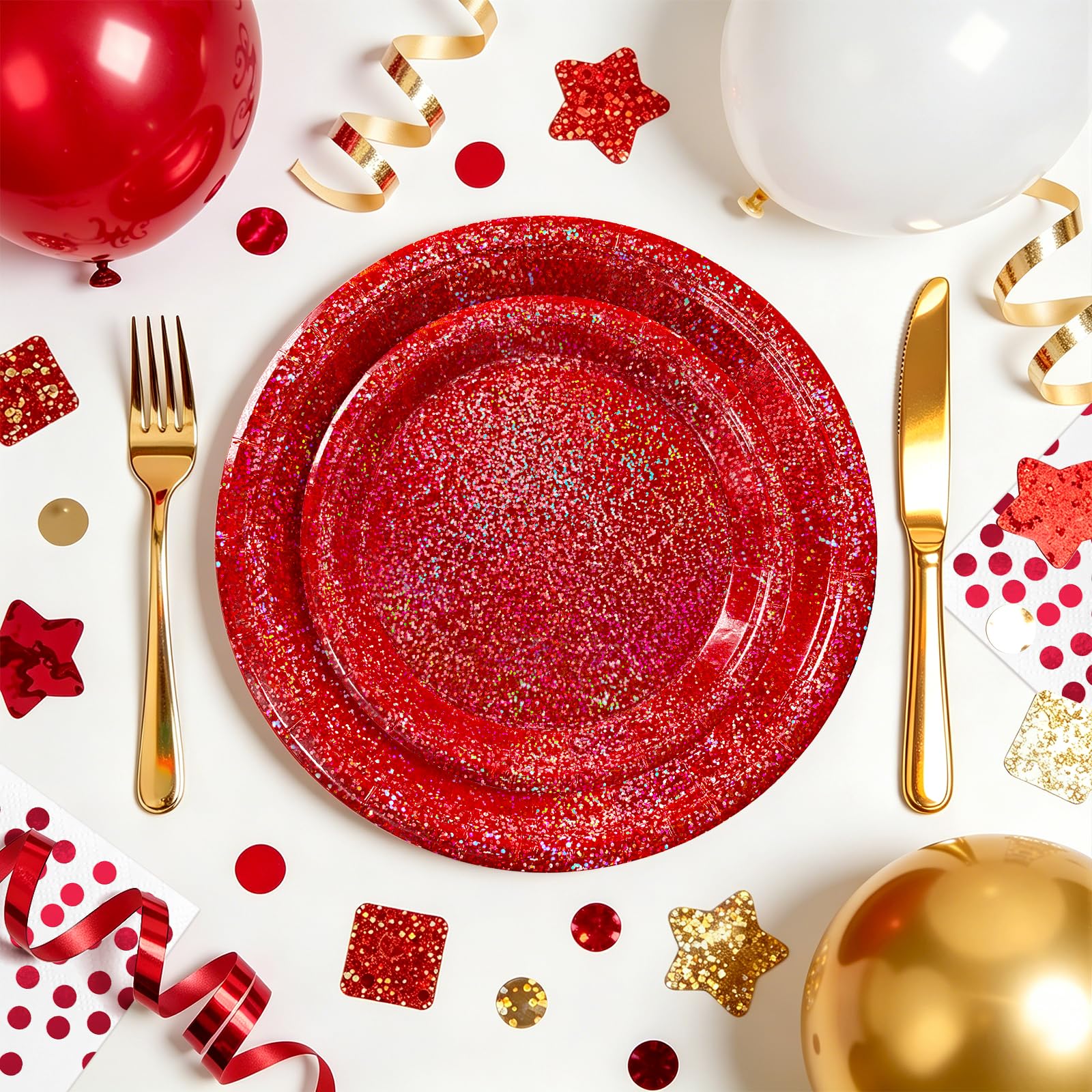 Purple Iridescent Paper Plates & Napkins Set, 75pcs Disposable Party Tableware with 9" Dinner Plates, 7" Dessert Plates & 6.5" Napkins, Holographic Dot Design for Birthday, Music Theme, Night Party