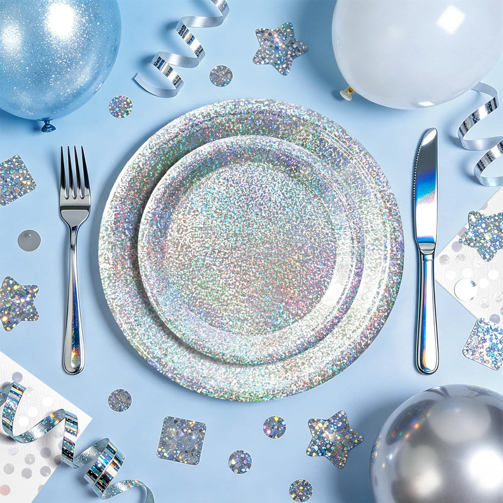 Purple Iridescent Paper Plates & Napkins Set, 75pcs Disposable Party Tableware with 9" Dinner Plates, 7" Dessert Plates & 6.5" Napkins, Holographic Dot Design for Birthday, Music Theme, Night Party