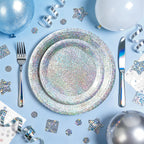 Purple Iridescent Paper Plates & Napkins Set, 75pcs Disposable Party Tableware with 9" Dinner Plates, 7" Dessert Plates & 6.5" Napkins, Holographic Dot Design for Birthday, Music Theme, Night Party