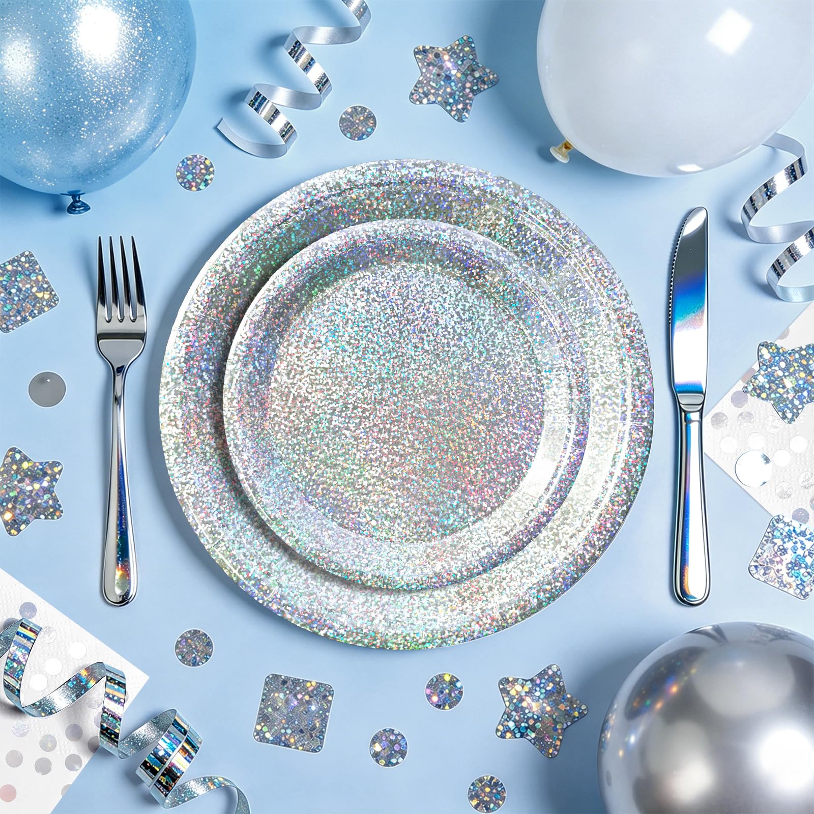 Purple Iridescent Paper Plates & Napkins Set, 75pcs Disposable Party Tableware with 9" Dinner Plates, 7" Dessert Plates & 6.5" Napkins, Holographic Dot Design for Birthday, Music Theme, Night Party