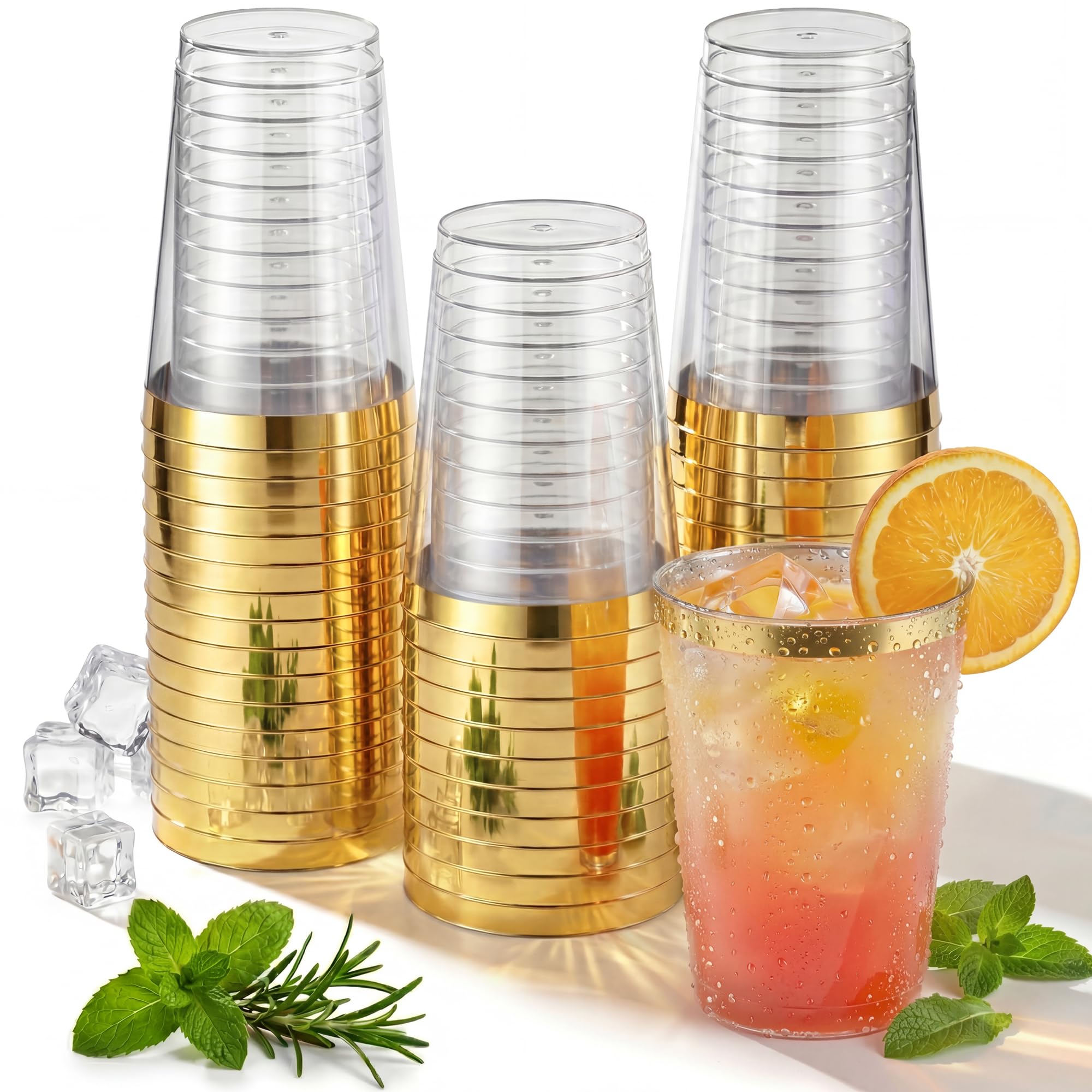 Nervure 120PC 9Oz Gold Rimmed Plastic Cups - Heavy Duty plastic