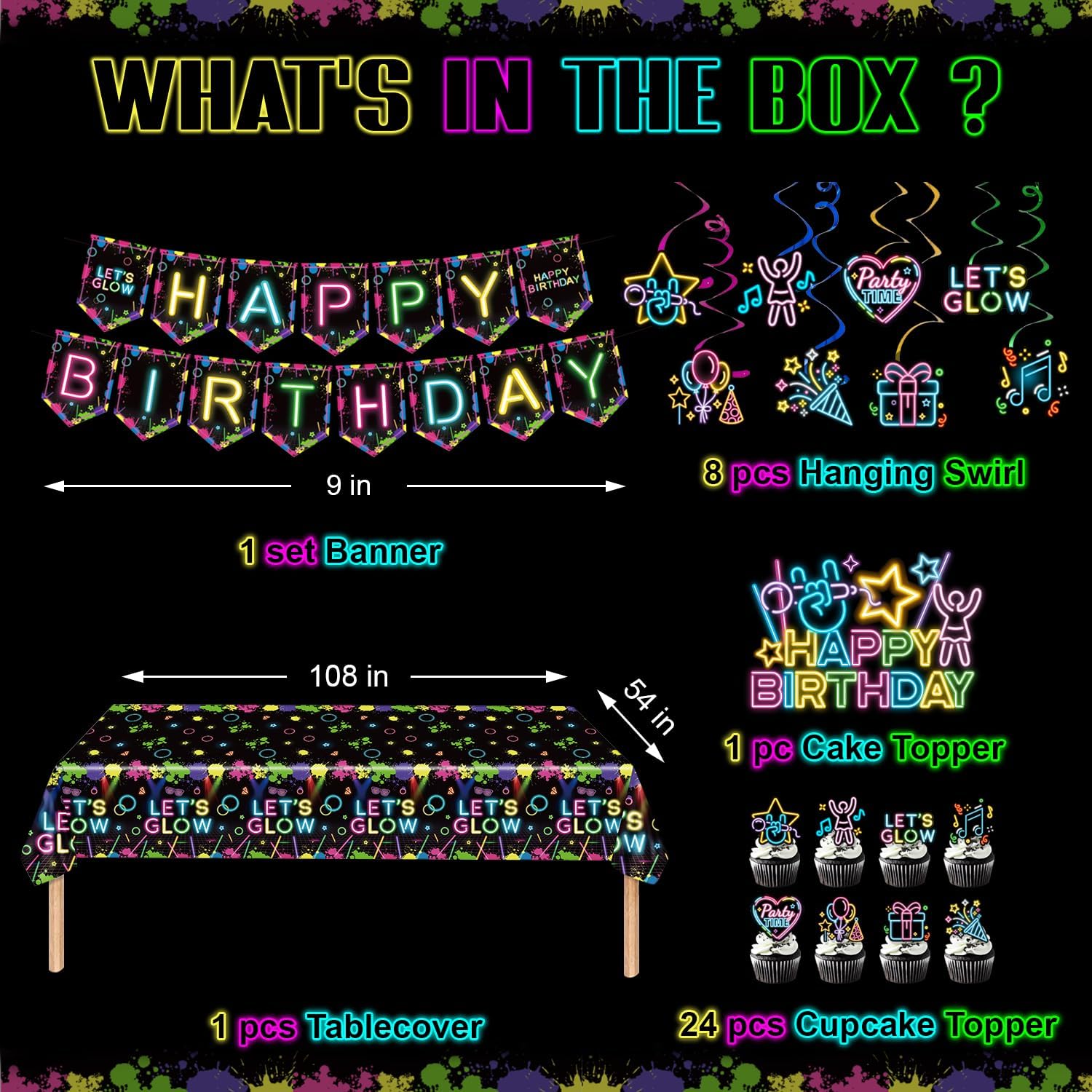 118Pcs Glow in the Dark Party Supplies, Neon Party Decorations with Neon Balloon Arch Kit, Backdrop, Tablecloth, Banner, Hanging Swirls, Cake Topper, Glow Party Supplies for 24 Guests