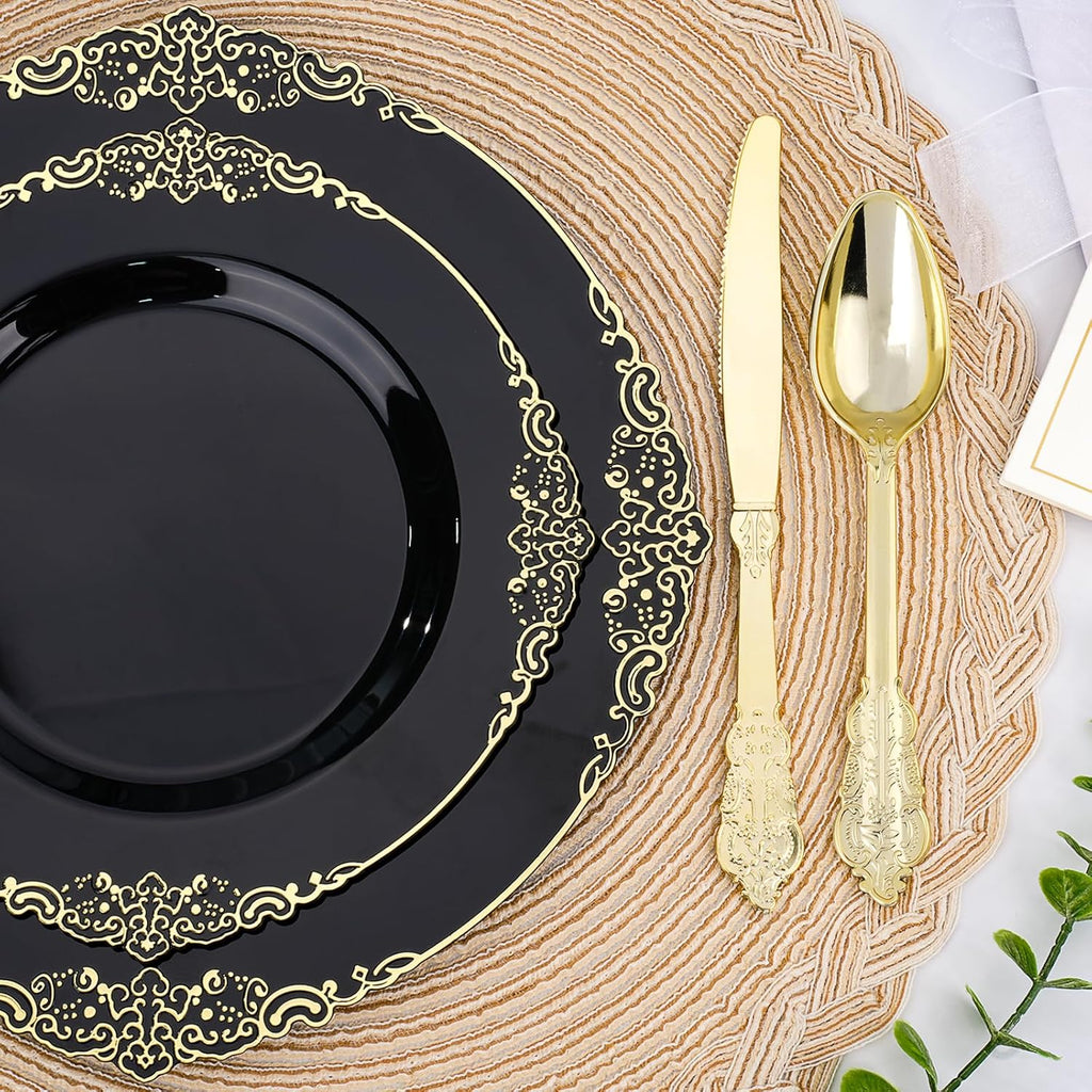 realluck 175 Piece Green and Gold Dinnerware Set for 25 Guests | Disposable Dinnerware Includes: 50 Disposable Plates, 75 Silverwares, 25 Cups, 25 Napkins for Party, Wedding, Graduation