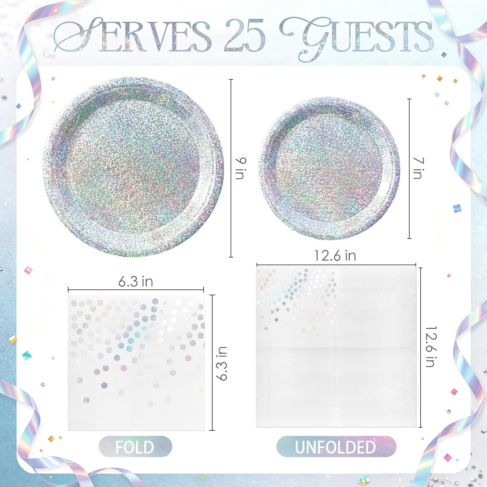 Purple Iridescent Paper Plates & Napkins Set, 75pcs Disposable Party Tableware with 9" Dinner Plates, 7" Dessert Plates & 6.5" Napkins, Holographic Dot Design for Birthday, Music Theme, Night Party