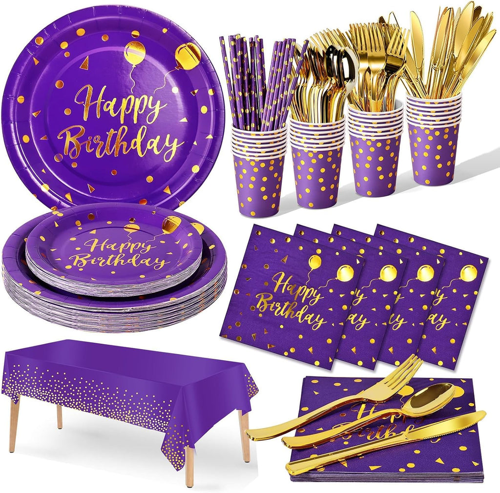 Nkaiso 161 Pcs Purple Gold Birthday Plates and Napkins Set -20 Serves | Party Supplies Set with Paper Plates Cups Napkins & Silverware, for Birthday Party Decorations