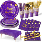 Nkaiso 161 Pcs Purple Gold Birthday Plates and Napkins Set -20 Serves | Party Supplies Set with Paper Plates Cups Napkins & Silverware, for Birthday Party Decorations