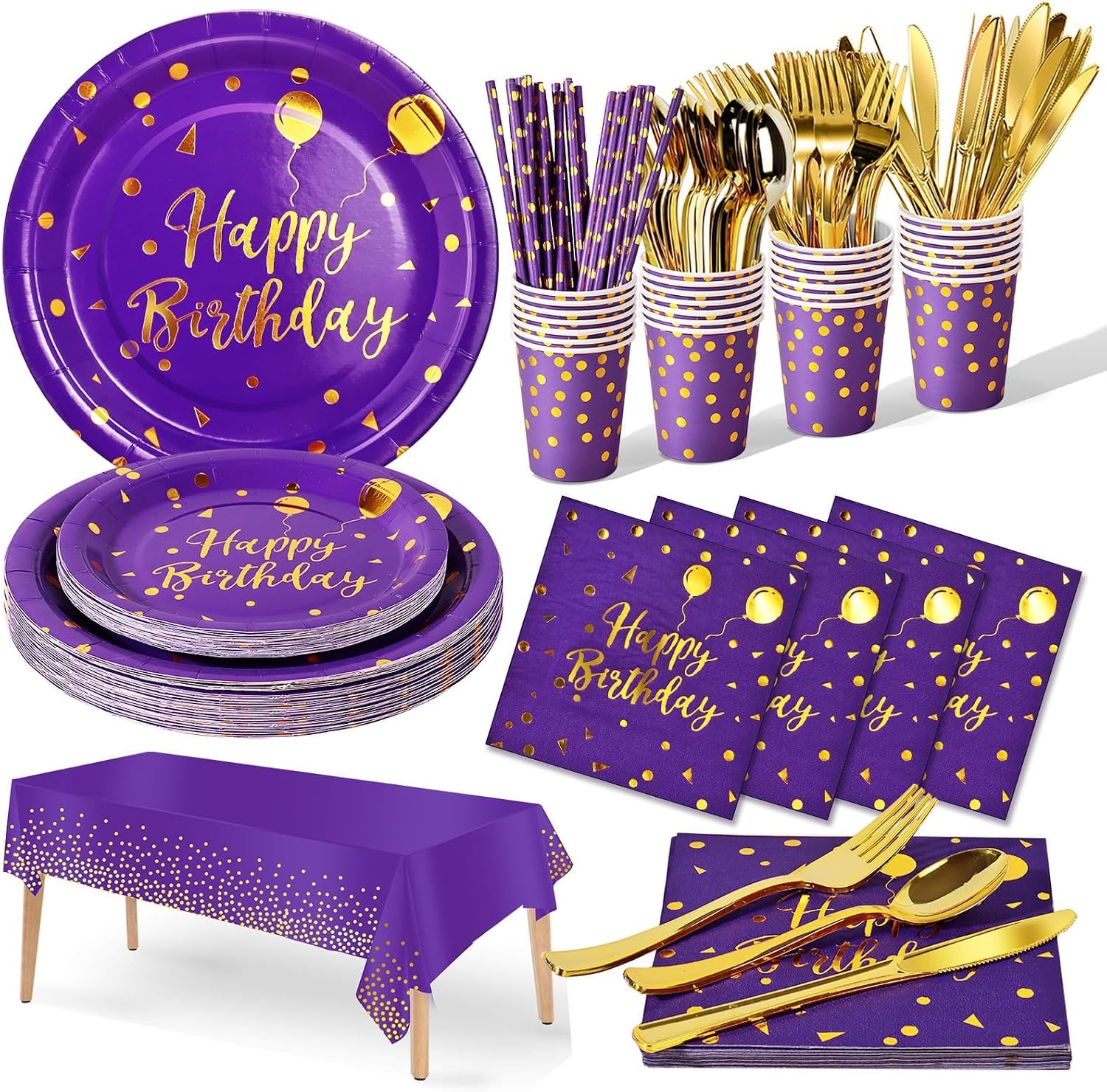 Nkaiso 161 Pcs Purple Gold Birthday Plates and Napkins Set -20 Serves | Party Supplies Set with Paper Plates Cups Napkins & Silverware, for Birthday Party Decorations