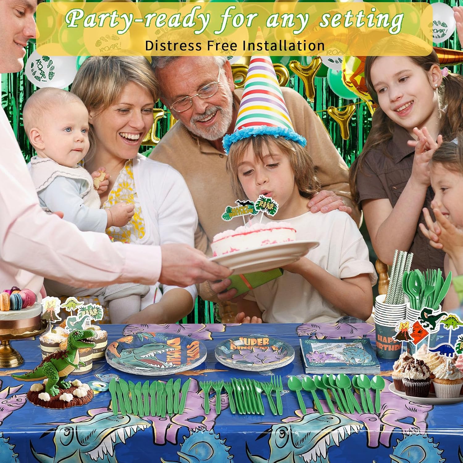 Dinosaur Birthday Party Supplies Kit For Boys, Dinosaur Party Decorations-20 Guest-Include Dino Plates Cups Napkins Banner Cutlery Balloon Tablecloth Straws Toppers