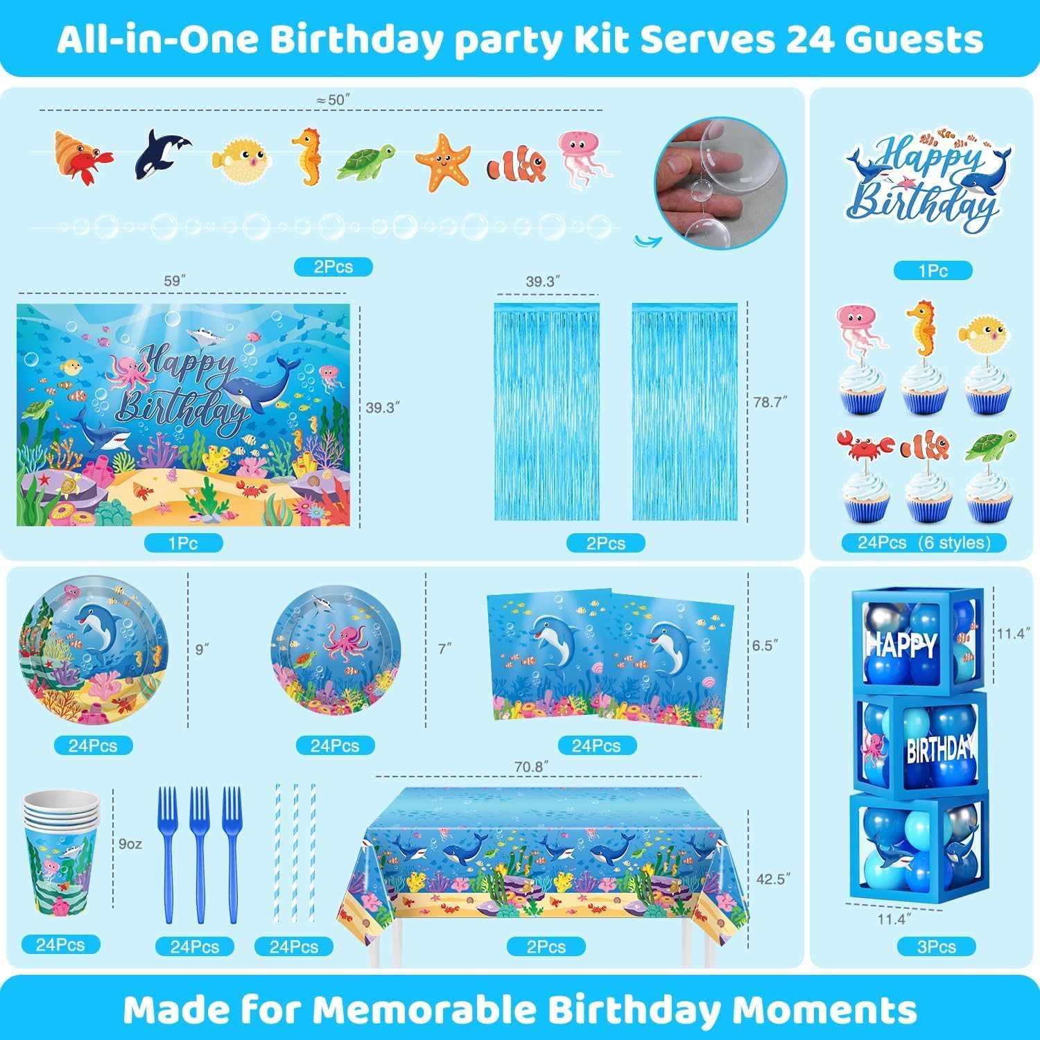 Hand-Drawn Mermaid Birthday Decorations, Under the Sea Party Supplies Kit (Unicorn Birthday)