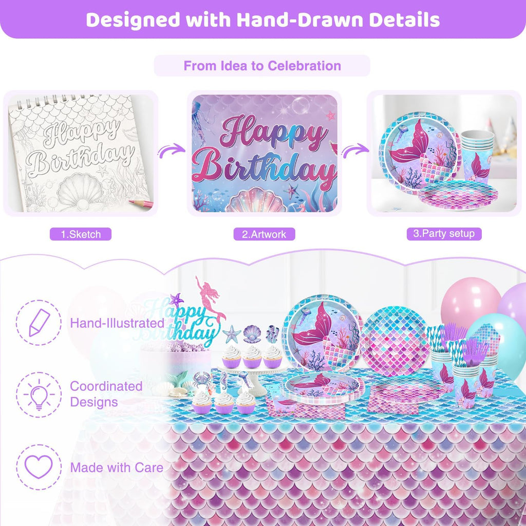 Hand-Drawn Mermaid Birthday Decorations, Under the Sea Party Supplies Kit (Unicorn Birthday)