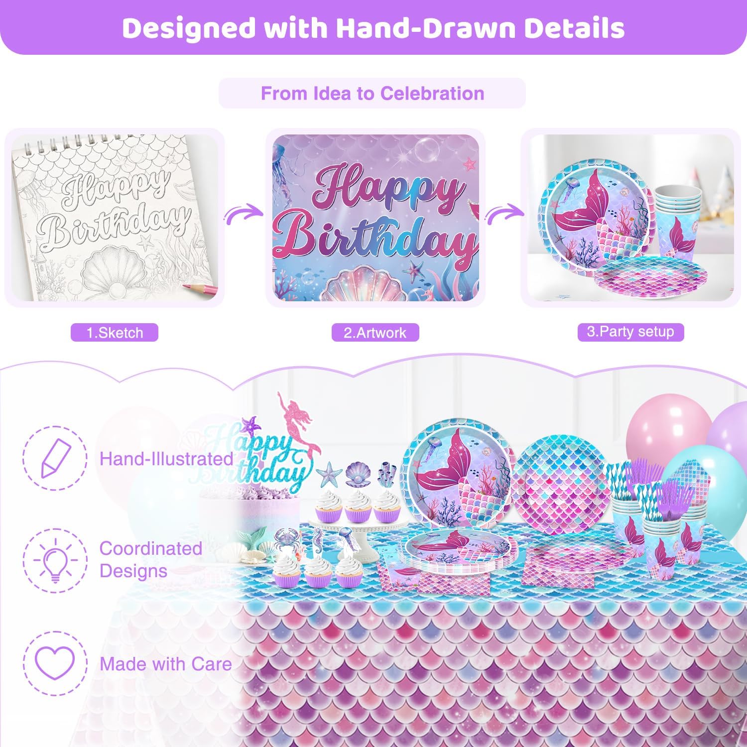 Hand-Drawn Mermaid Birthday Decorations, Under the Sea Party Supplies Kit (Unicorn Birthday)