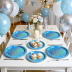 Purple Iridescent Paper Plates & Napkins Set, 75pcs Disposable Party Tableware with 9" Dinner Plates, 7" Dessert Plates & 6.5" Napkins, Holographic Dot Design for Birthday, Music Theme, Night Party