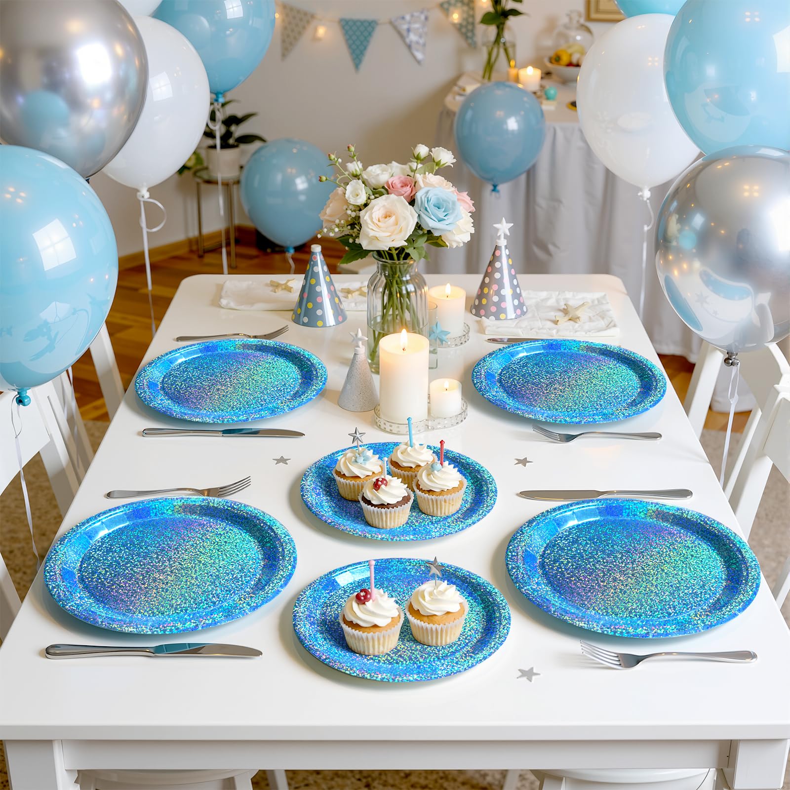 Purple Iridescent Paper Plates & Napkins Set, 75pcs Disposable Party Tableware with 9" Dinner Plates, 7" Dessert Plates & 6.5" Napkins, Holographic Dot Design for Birthday, Music Theme, Night Party