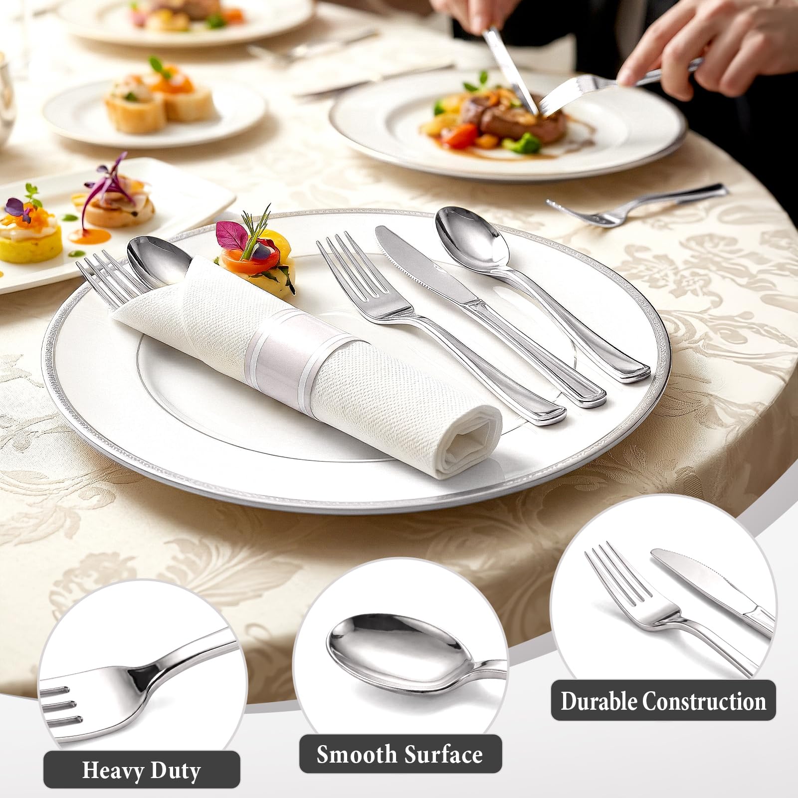 Gold Plastic Silverware 50 Guests Wrapped Cutlery Set Disposable | Pre Rolled Silverware Set Include 50 Forks,50 Knives,50 Spoons and 50 Napkins Heavy Duty Disposable Utensils for Party