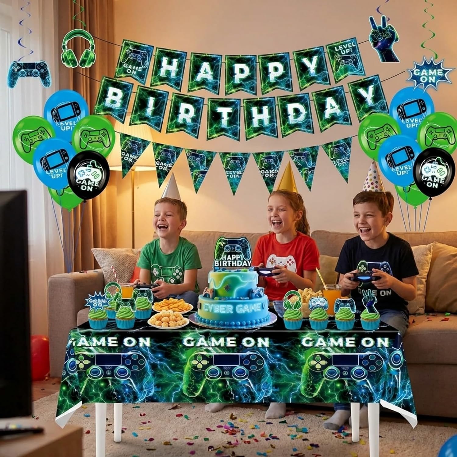 77Pcs Video Game Party Decor: Birthday Balloons, Banner, Tablecloth Kit | Gamer supplies for boys. Includes swirls, insert cards. Vibrant theme. Easy setup for kids celebrations.
