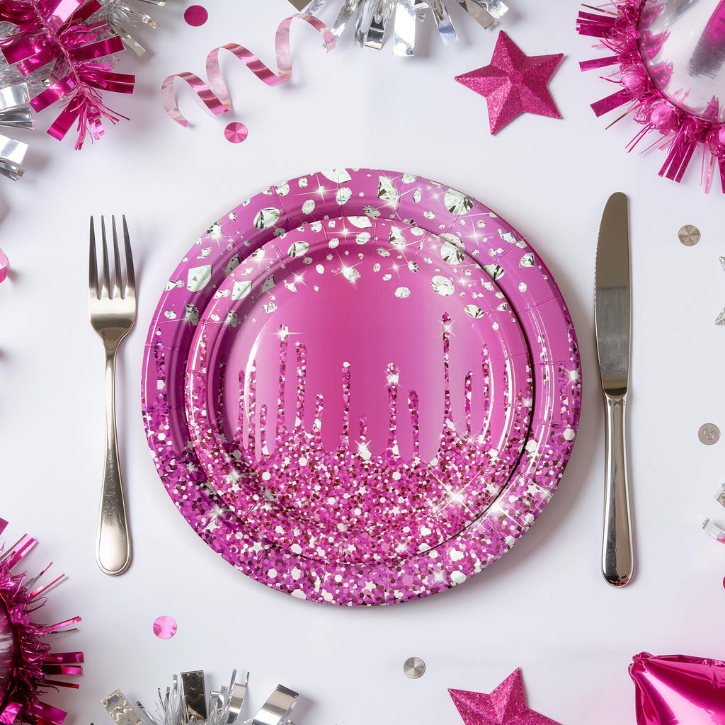Purple Iridescent Paper Plates & Napkins Set, 75pcs Disposable Party Tableware with 9" Dinner Plates, 7" Dessert Plates & 6.5" Napkins, Holographic Dot Design for Birthday, Music Theme, Night Party