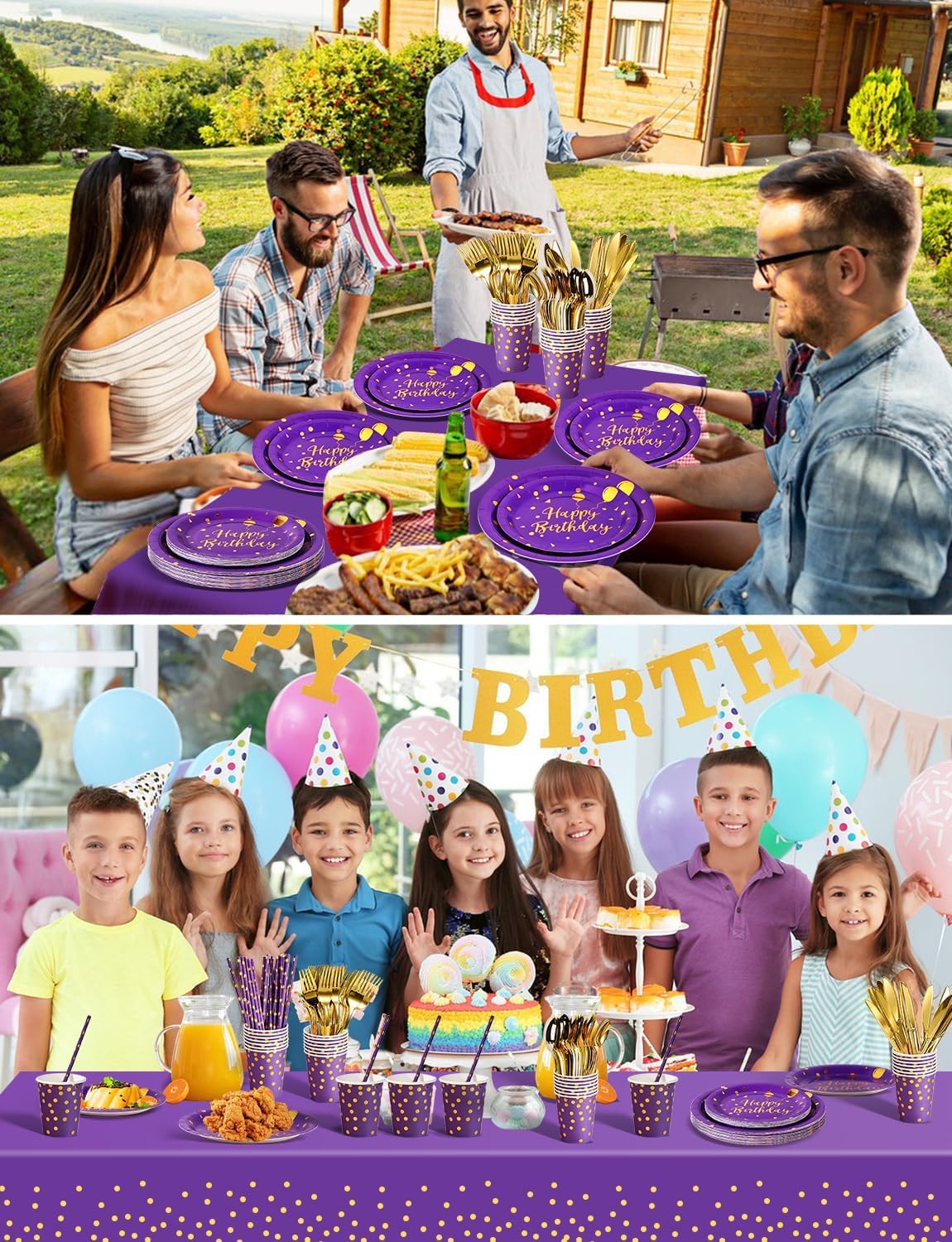 Nkaiso 161 Pcs Purple Gold Birthday Plates and Napkins Set -20 Serves | Party Supplies Set with Paper Plates Cups Napkins & Silverware, for Birthday Party Decorations