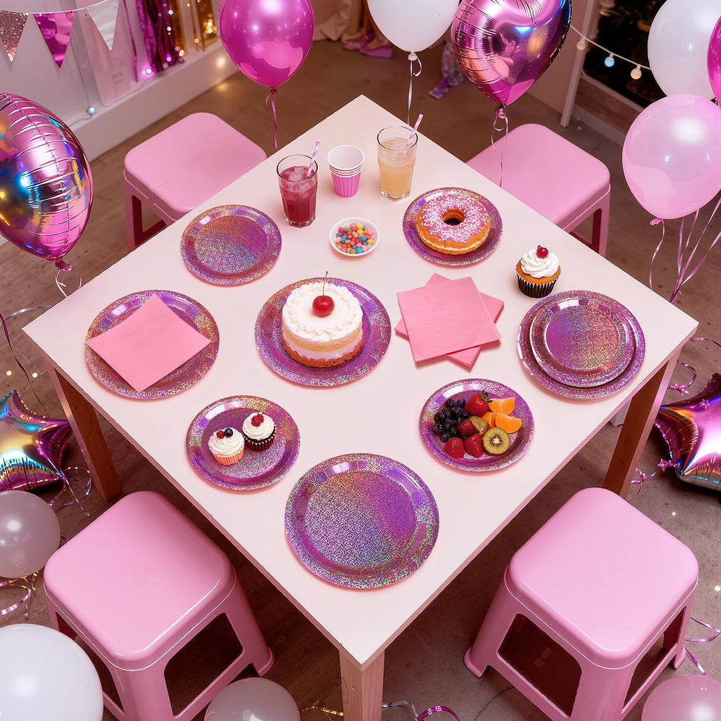 Purple Iridescent Paper Plates & Napkins Set, 75pcs Disposable Party Tableware with 9" Dinner Plates, 7" Dessert Plates & 6.5" Napkins, Holographic Dot Design for Birthday, Music Theme, Night Party